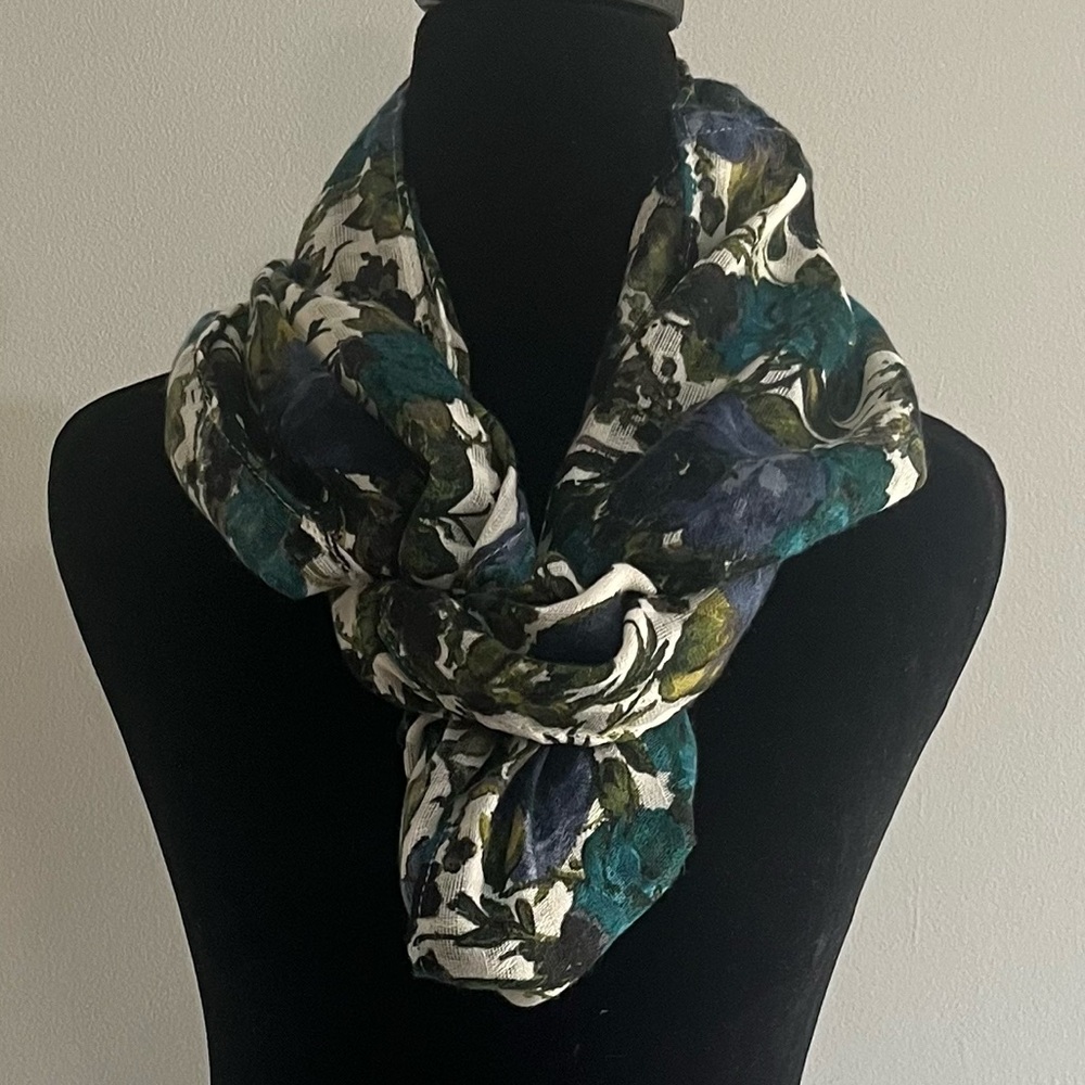 J. Jill Blue Green Teal Cream Floral Cotton-Feel Women's Infinity Circle Scarf